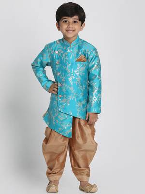 Boys Light Turquoise And Rose Gold Silk Blend Indowestern Sherwani And Dhoti Set 1
