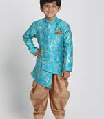 Boys Light Turquoise And Rose Gold Silk Blend Indowestern Sherwani And Dhoti Set