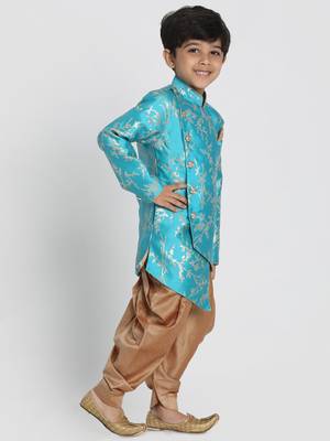 Boys Light Turquoise And Rose Gold Silk Blend Indowestern Sherwani And Dhoti Set 2