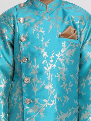 Boys Light Turquoise And Rose Gold Silk Blend Indowestern Sherwani And Dhoti Set 3