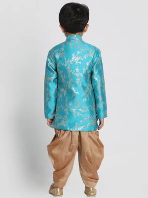 Boys Light Turquoise And Rose Gold Silk Blend Indowestern Sherwani And Dhoti Set 4