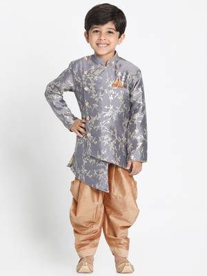 Boys Pewter Grey And Rose Gold Silk Blend Indowestern Sherwani And Dhoti Set 1