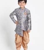 Boys Pewter Grey And Rose Gold Silk Blend Indowestern Sherwani And Dhoti Set