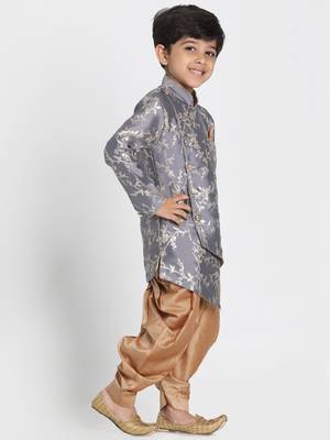 Boys Pewter Grey And Rose Gold Silk Blend Indowestern Sherwani And Dhoti Set 2