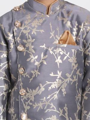 Boys Pewter Grey And Rose Gold Silk Blend Indowestern Sherwani And Dhoti Set 3