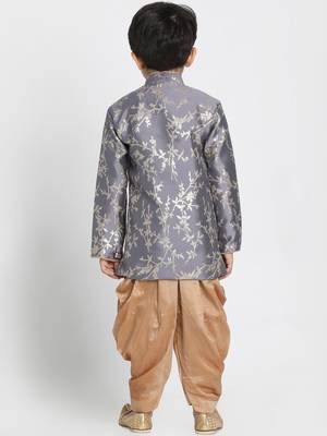 Boys Pewter Grey And Rose Gold Silk Blend Indowestern Sherwani And Dhoti Set 4