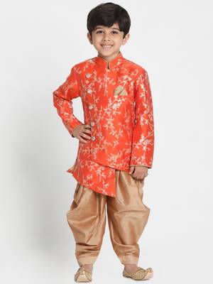 Boys Bright Orange And Rose Gold Silk Blend Indowestern Sherwani And Dhoti Set 1