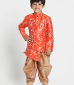 Boys Bright Orange And Rose Gold Silk Blend Indowestern Sherwani And Dhoti Set