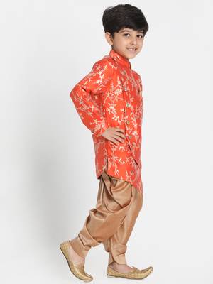 Boys Bright Orange And Rose Gold Silk Blend Indowestern Sherwani And Dhoti Set 2