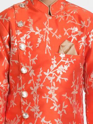 Boys Bright Orange And Rose Gold Silk Blend Indowestern Sherwani And Dhoti Set 3