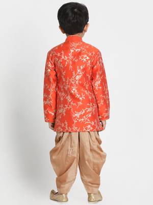 Boys Bright Orange And Rose Gold Silk Blend Indowestern Sherwani And Dhoti Set 4