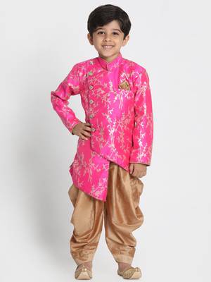 Boys Ultra-Pink And Rose Gold Silk Blend Indowestern Sherwani And Dhoti Set 1
