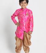 Boys Ultra-Pink And Rose Gold Silk Blend Indowestern Sherwani And Dhoti Set