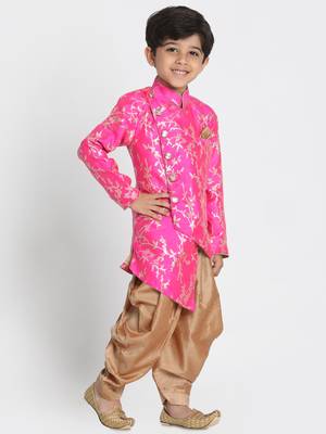 Boys Ultra-Pink And Rose Gold Silk Blend Indowestern Sherwani And Dhoti Set 2