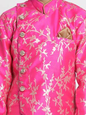 Boys Ultra-Pink And Rose Gold Silk Blend Indowestern Sherwani And Dhoti Set 6