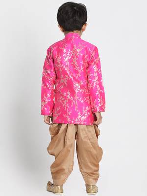 Boys Ultra-Pink And Rose Gold Silk Blend Indowestern Sherwani And Dhoti Set 7