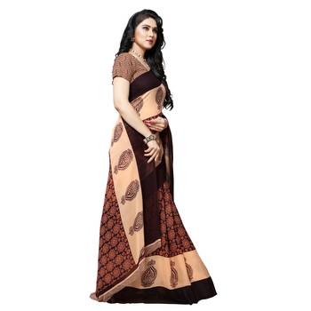 brown printed georgette saree with blouse 4