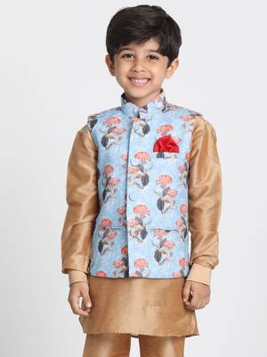 Sky Blue And Multicolour Cotton Linen Blend Nehru Jacket 1