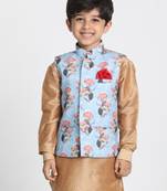  Sky Blue And Multicolour Cotton Linen Blend Nehru Jacket