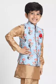 Sky Blue And Multicolour Cotton Linen Blend Nehru Jacket