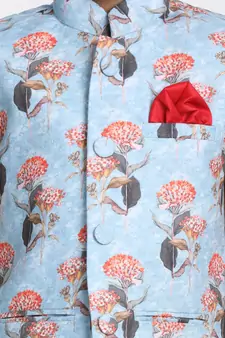  Sky Blue And Multicolour Cotton Linen Blend Nehru Jacket