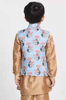  Sky Blue And Multicolour Cotton Linen Blend Nehru Jacket