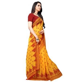 Mustard printed georgette saree with blouse 4