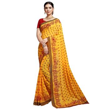 Mustard printed georgette saree with blouse 1