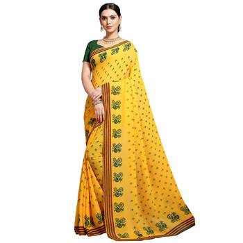 Yellow printed georgette saree with blouse 1
