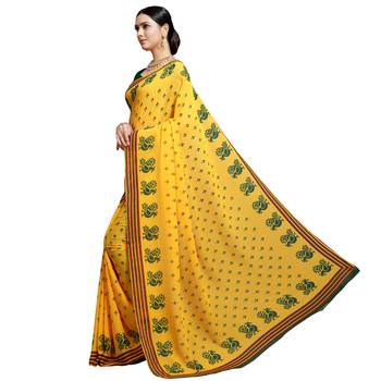 Yellow printed georgette saree with blouse 2