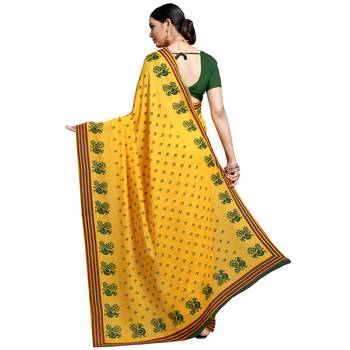 Yellow printed georgette saree with blouse 3