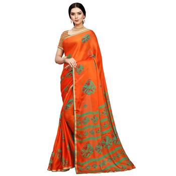 Orange printed silk blend saree  1