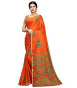 Orange printed silk blend saree 