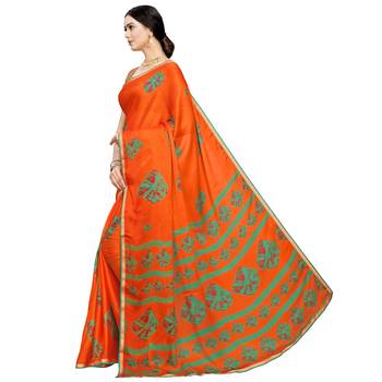 Orange printed silk blend saree  2