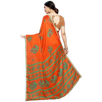 Orange printed silk blend saree  3