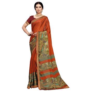 Orange printed silk blend saree  1