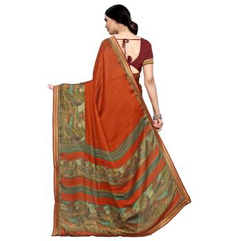 Orange printed silk blend saree  3