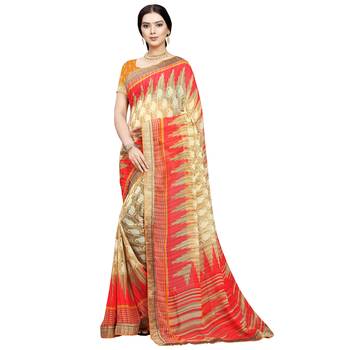 Light red printed georgette saree  1
