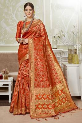 Orange woven art silk saree with blouse 1