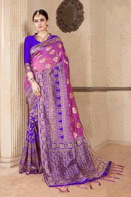 Pink woven art silk saree with blouse 1