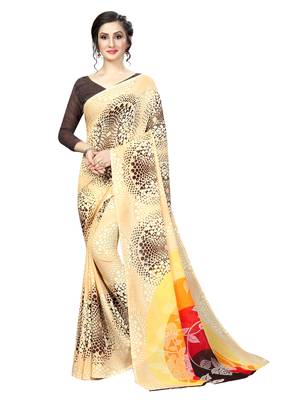 Cream printed faux georgette saree with blouse 1