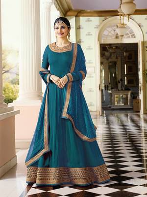 Turquoise Embroidered Faux Georgette With Dupatta 1