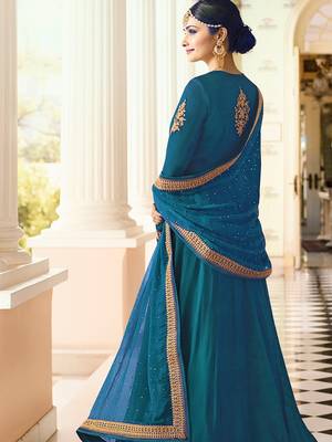 Turquoise Embroidered Faux Georgette With Dupatta 2