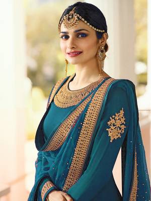 Turquoise Embroidered Faux Georgette With Dupatta 3