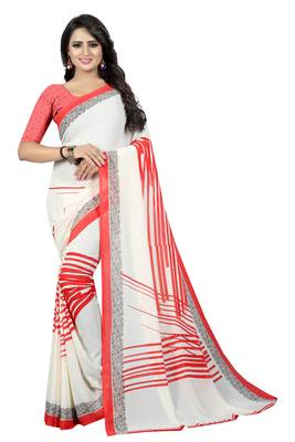 White printed faux georgette saree with blouse 1