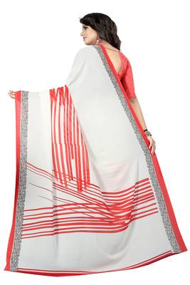 White printed faux georgette saree with blouse 2