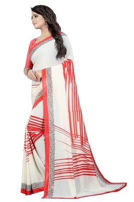 White printed faux georgette saree with blouse 3