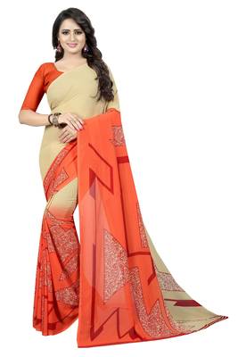 Beige printed faux georgette saree with blouse 1