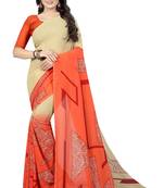 Beige printed faux georgette saree with blouse