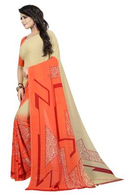 Beige printed faux georgette saree with blouse 3
